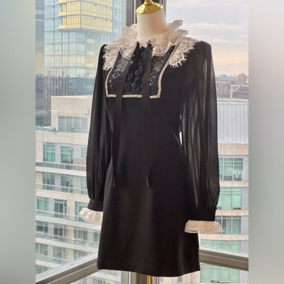 🆕 SELF-PORTRAIT 🧿 NWOT Diamante Trim Mini Dress, Black - Sz US 4 UK 8 - Picture 4 of 15